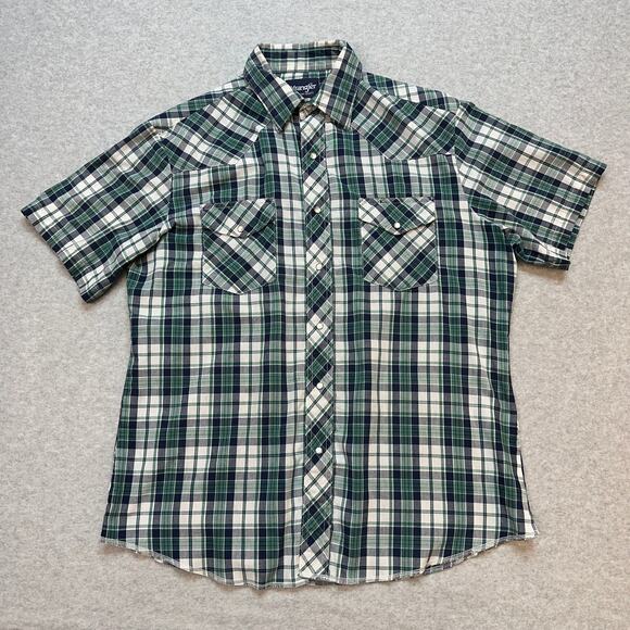 Wrangler Western Shirts Plaid Men's L Green White Black Button-Up Short Sleeve - Picture 1 of 9